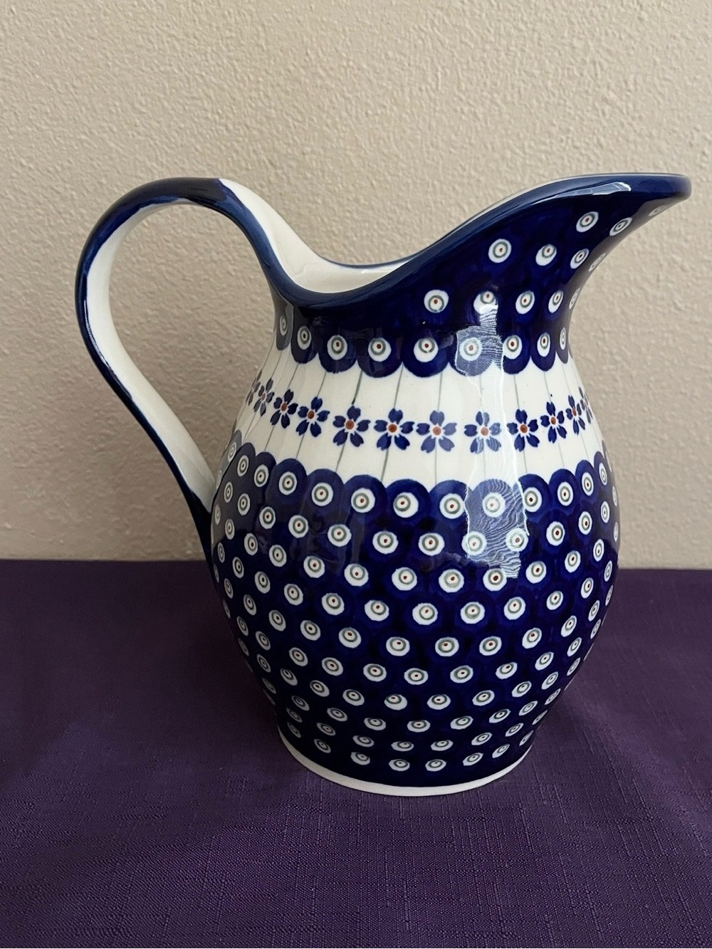 Polish Pottery Boleslawiec Hand Made Poland 8.25” Stoneware Pitcher Peacock Eye
